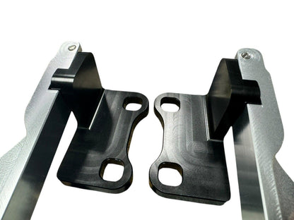 JackSpania Racing billet quick hood hinge release latch bracket for Nissan 240SX S14 engine bay, durable metal construction.