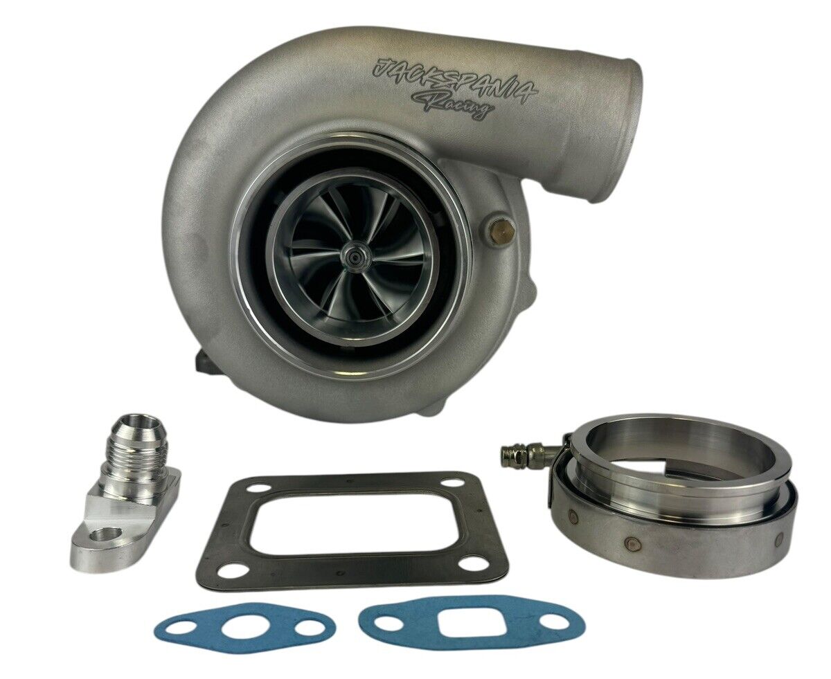 JackSpania Racing billet wheel turbo with V-band turbine housing, T3/T4 .81/.96 A/R, suitable for high-performance engine applications.