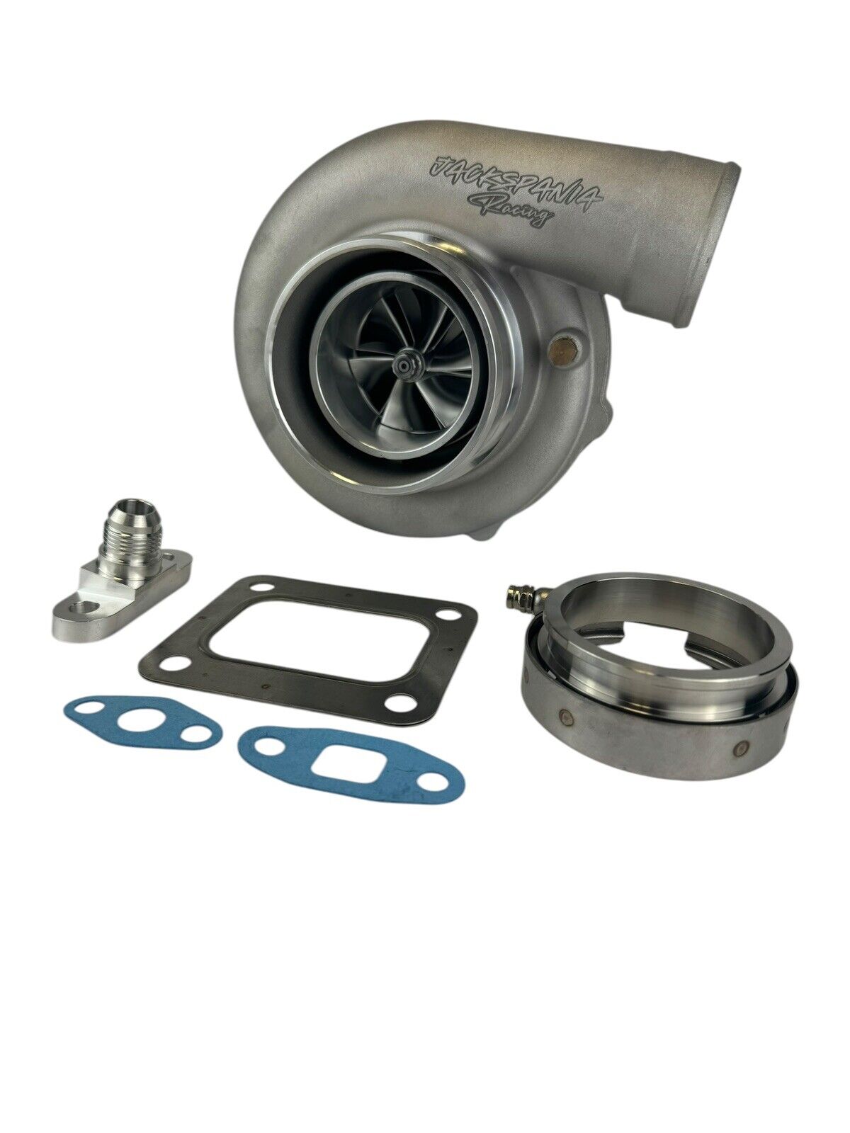 JackSpania Racing billet wheel turbo T3/T4 turbine housing with V-band, compatible with 64/66 Gen 2, designed for high-performance engines