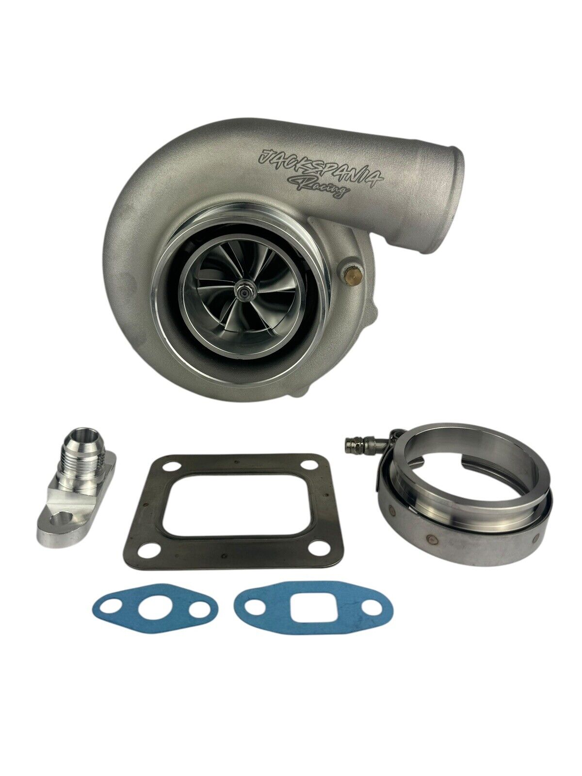 JackSpania Racing billet wheel turbo housing for T3/T4 turbines with V-band, compatible with 64/66 Gen 2 turbos, rated for 900HP