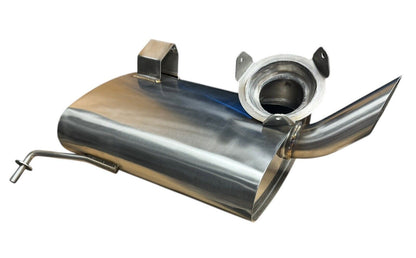 JackSpania Racing high flow street sport race exhaust muffler system for Polaris Slingshot 2020+ showing polished metal finish and exhaust pipes.