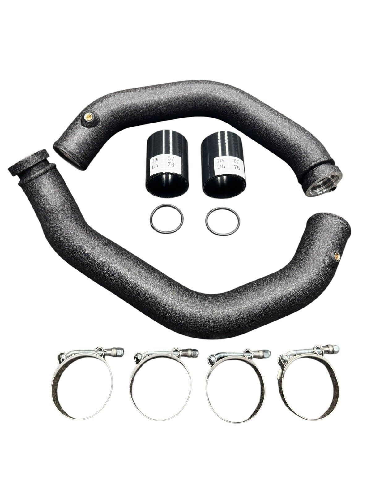 JackSpania Racing charge pipe upgrade kit for BMW M3, M4, M2 Competition F80 F82 F87 S55 engine parts, showcasing polished metal components.