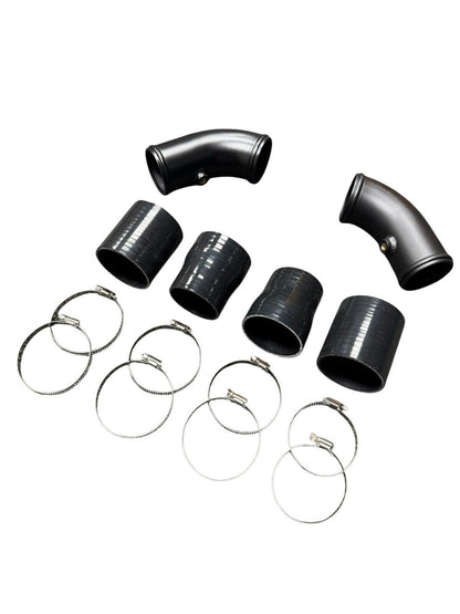 High flow turbo charge pipe upgrade kit for BMW F10 F12 F13 M5 M6 engines by JackSpania Racing, engine parts in a close-up view