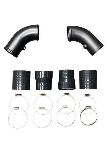 High flow turbo charge pipe upgrade kit for BMW F10 F12 F13 M5 M6 S63 engine by JackSpania Racing, showing the polished metal pipes.