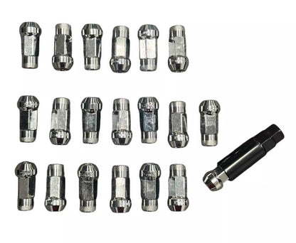 Set of 20 Silver JackSpania Racing open end steel lug nuts, 14x1.5 thread, 48mm length for M14 wheels.