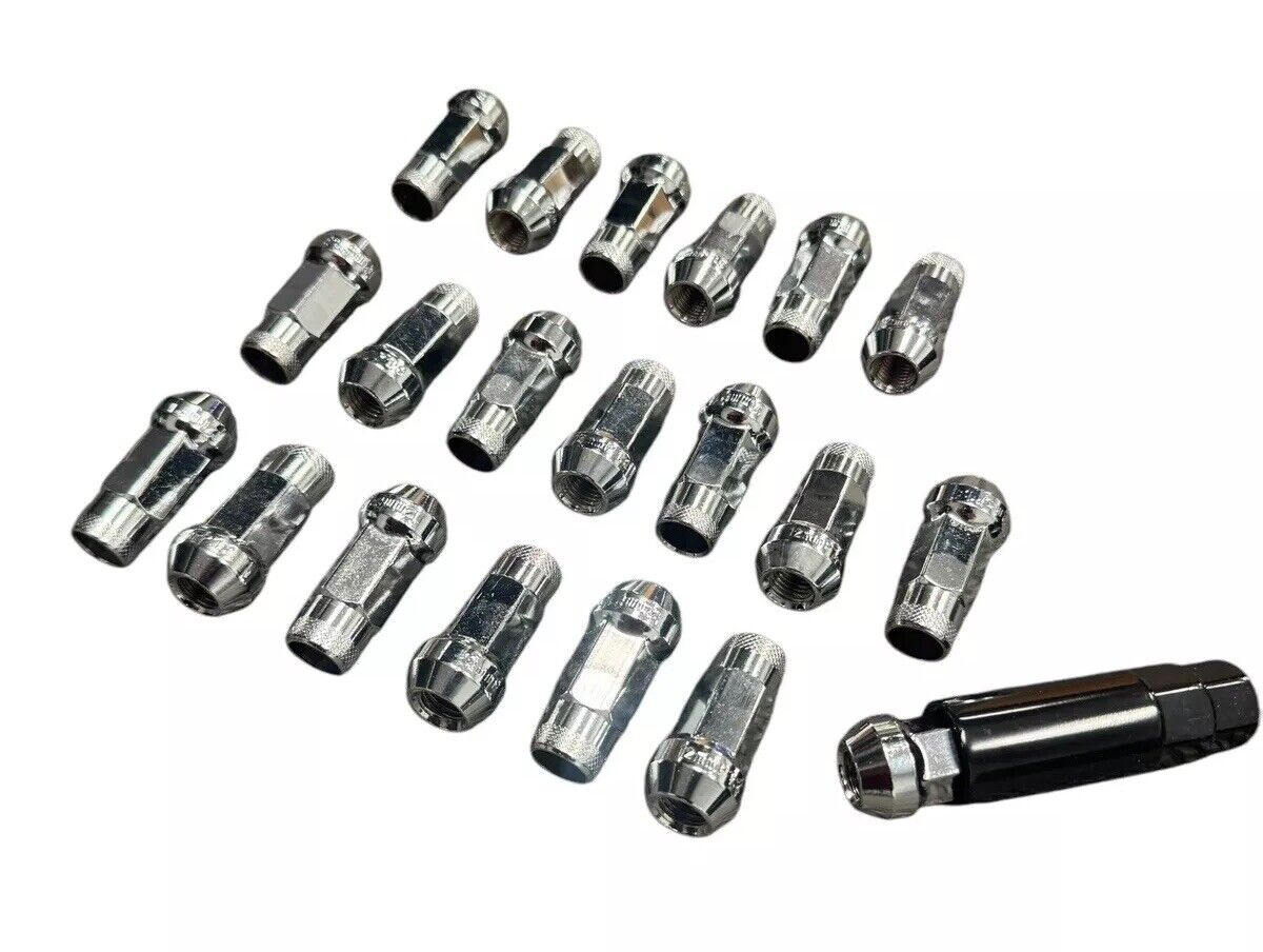 Set of 20 silver open-end steel lug nuts, 14x1.5 size, 48mm length, for M14 wheels, by JackSpania Racing engine parts.