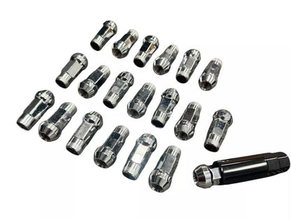 Set of 20 silver open-end steel lug nuts, 14x1.5 size, 48mm length, for M14 wheels, by JackSpania Racing engine parts.