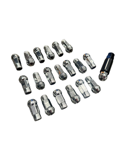 Set of 20 silver open end steel lug nuts, 14x1.5 size, 48mm length, designed for engine parts by JackSpania Racing