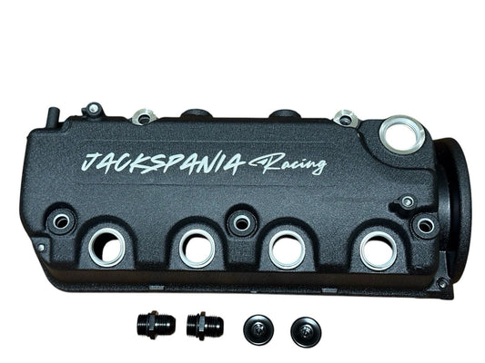 Vented valve cover for Honda D Series engines, D15 D16 VTEC, by JackSpania Racing, showing the black metal cover with venting slots