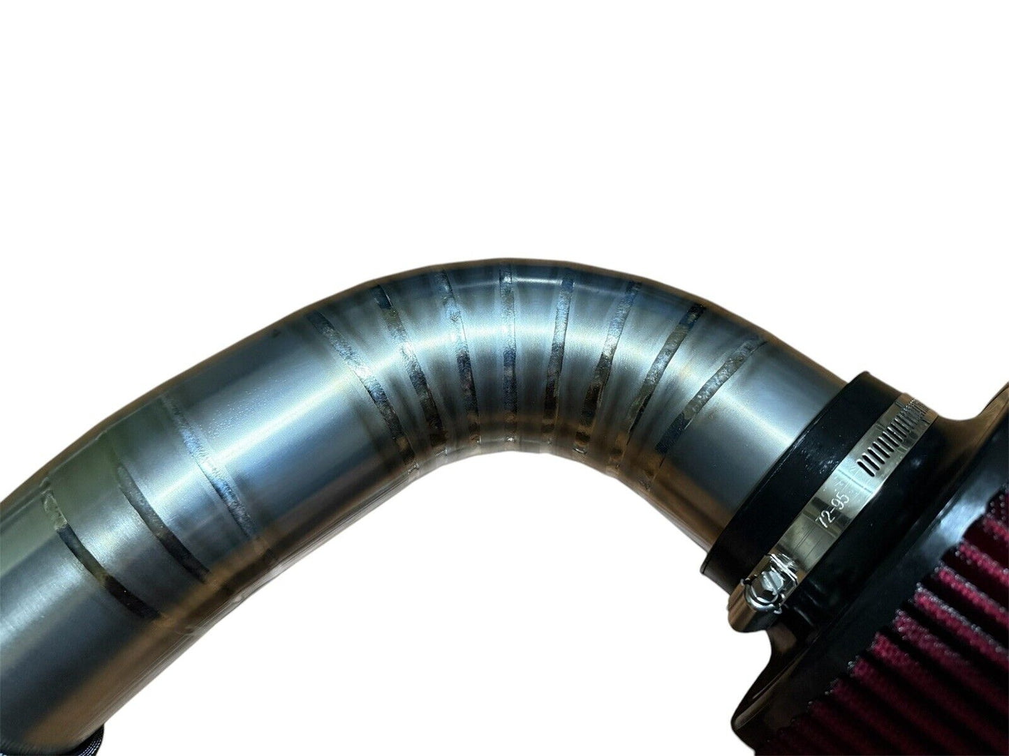 Titanium pie cut cold air intake pipe with high flow filter for K20 K24 engine swap by JackSpania Racing, 3-inch diameter.
