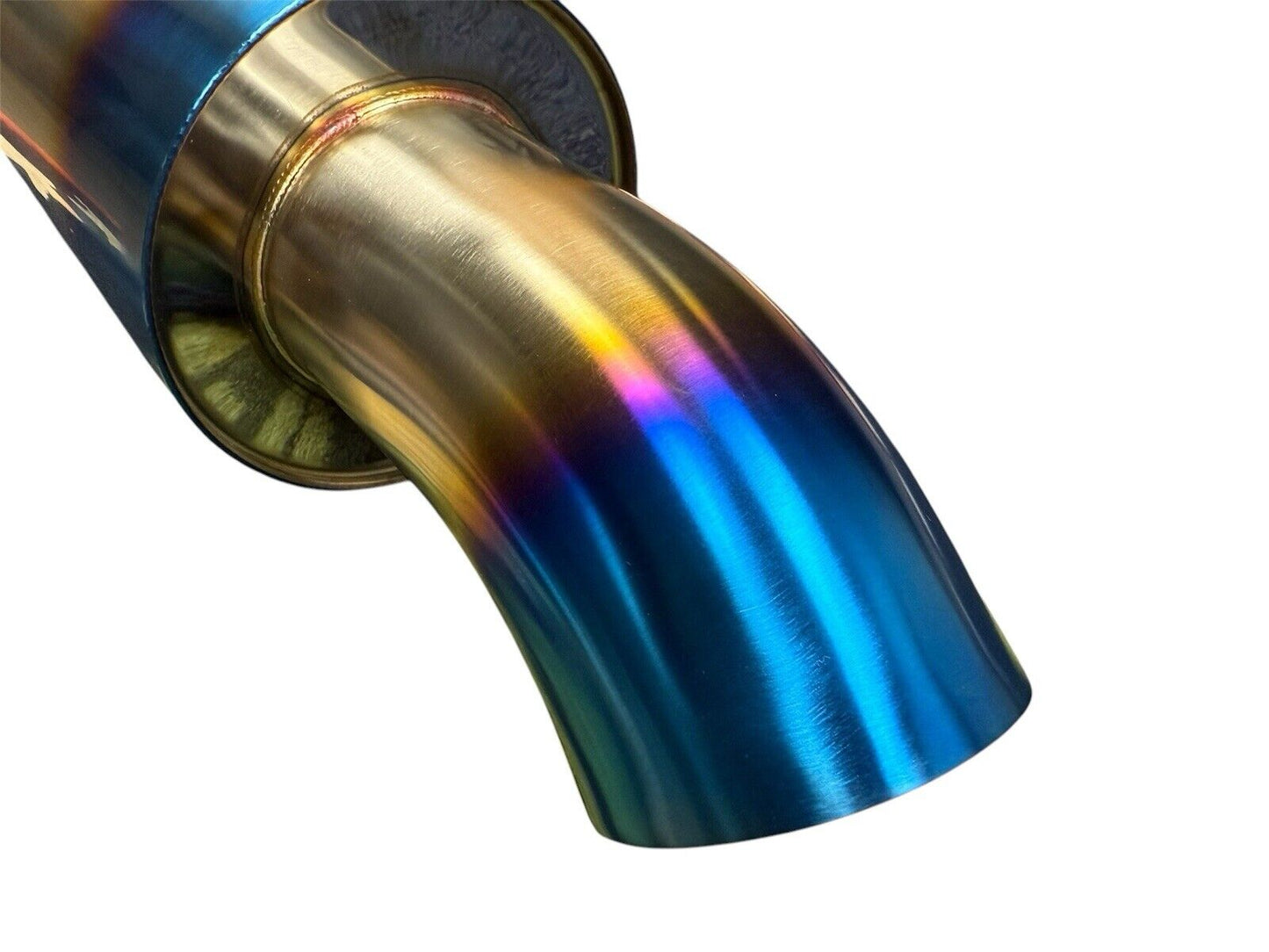 Stainless steel JackSpania Racing dolphin muffler with burnt finish, universal 2.5-inch inlet and 3-inch outlet exhaust part.