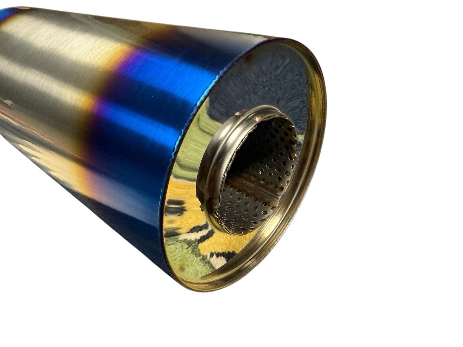Stainless steel Turn Down Dolphin Muffler by JackSpania Racing with 2.5-inch inlet and 3-inch outlet for exhaust systems.