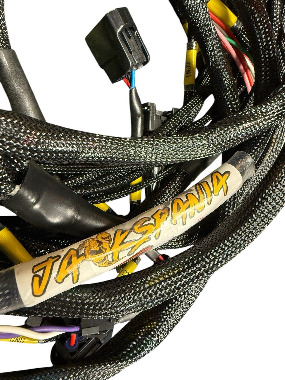 JackSpania Racing K20 K24 FT450 Fuel Tech K Series tucked engine harness for Honda Acura K swap, showing detailed wiring and connectors.