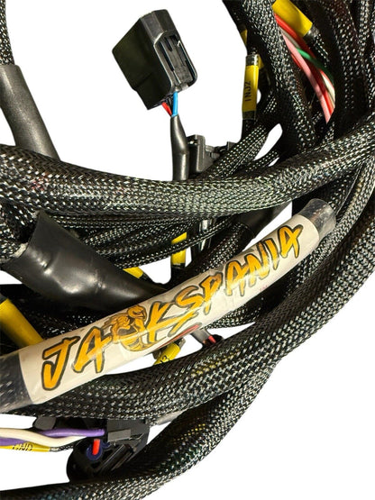 JackSpania Racing K20 K24 FT450 Fuel Tech K Series tucked engine harness for Honda Acura K swap, showing detailed wiring and connectors.