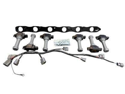 VR38 Twin Cam ignition coil conversion kit for Nissan RB R32 GTR engine, featuring high-quality engine parts by JackSpania Racing
