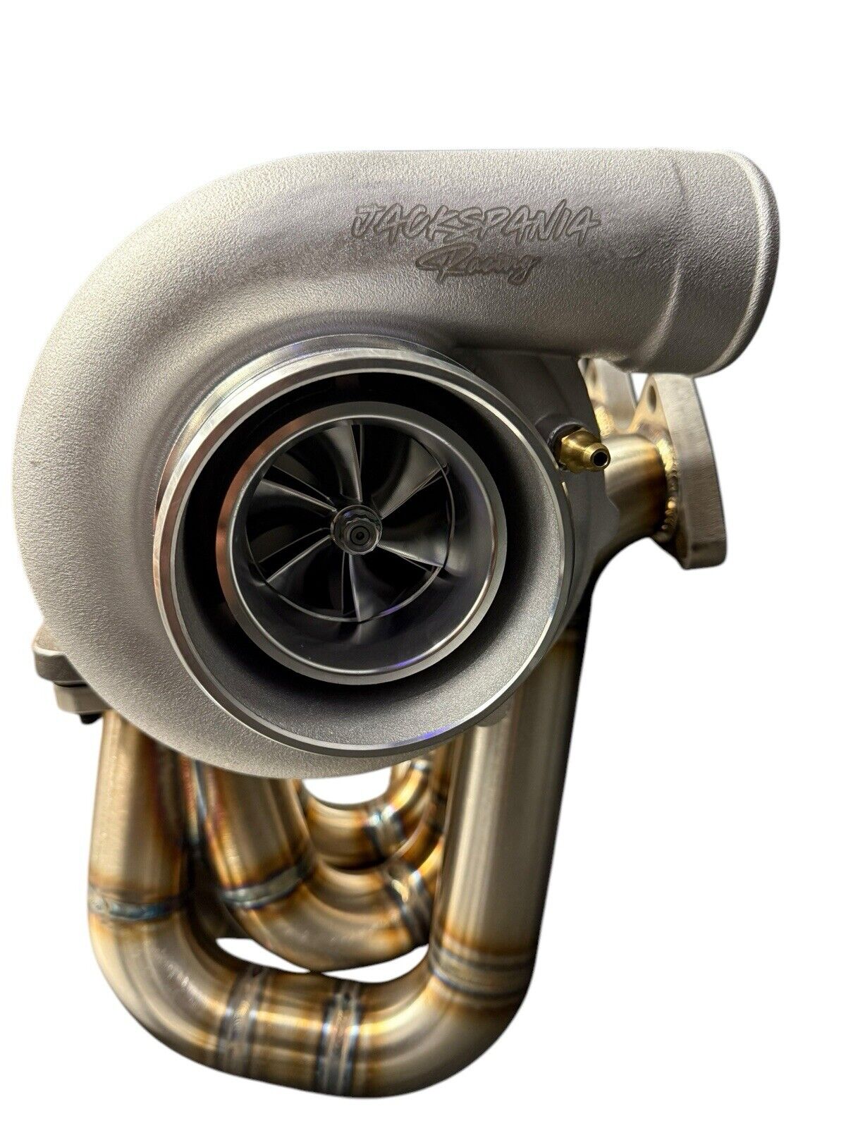 JackSpania Racing D Series T4 Top Mount Turbo Manifold for D15 D16 engines, made of 316SS with 44mm back purged exhaust ports.