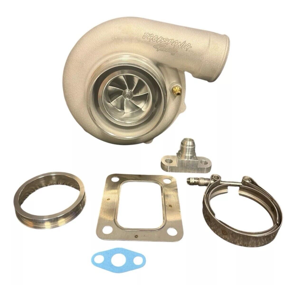 JackSpania Racing billet wheel turbo with T3/T4 .82/.81 dual V-band turbine housing, suitable for high-performance engines.
