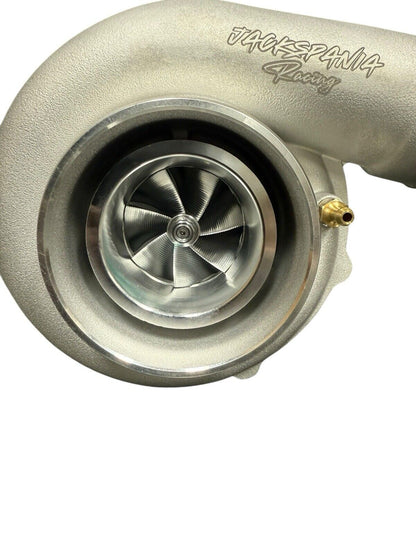 JackSpania Racing Billet Wheel Turbo T3 T4 dual V-band turbine housing for high-performance engine applications.