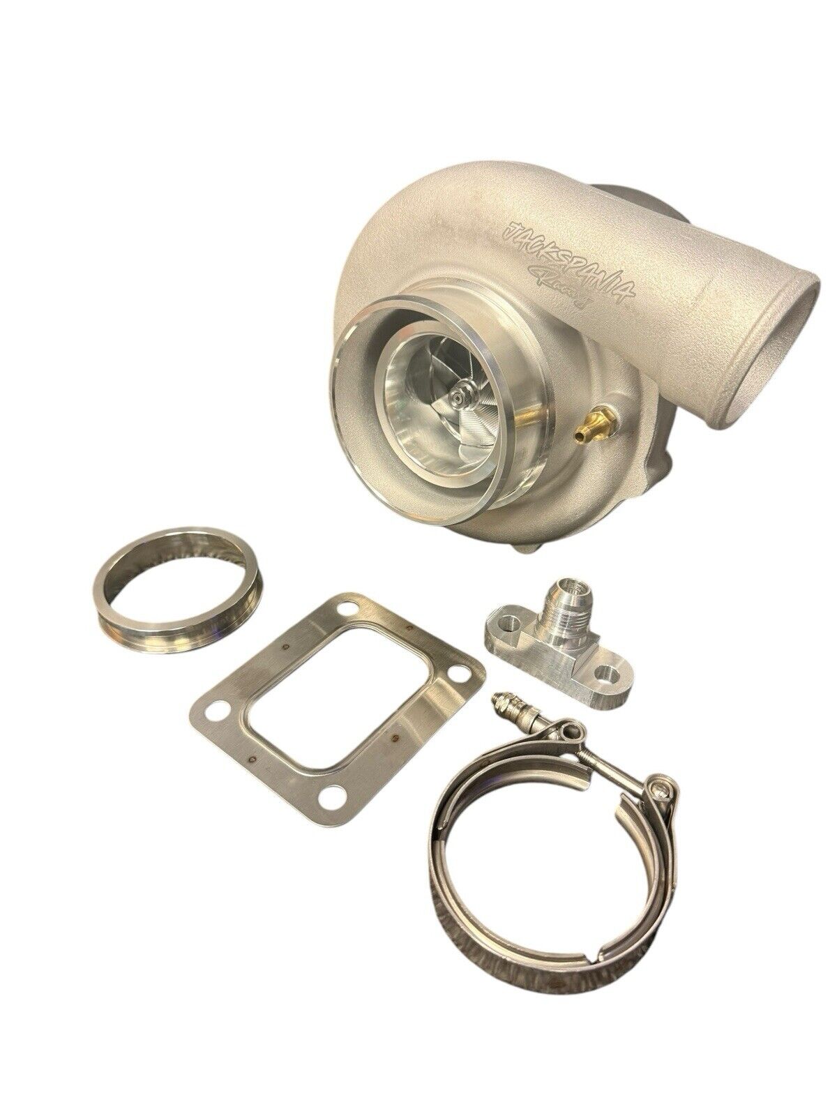 JackSpania Racing billet wheel turbo T3/T4 dual V-band turbine housing 58/62 Gen 2 for high-performance engine applications