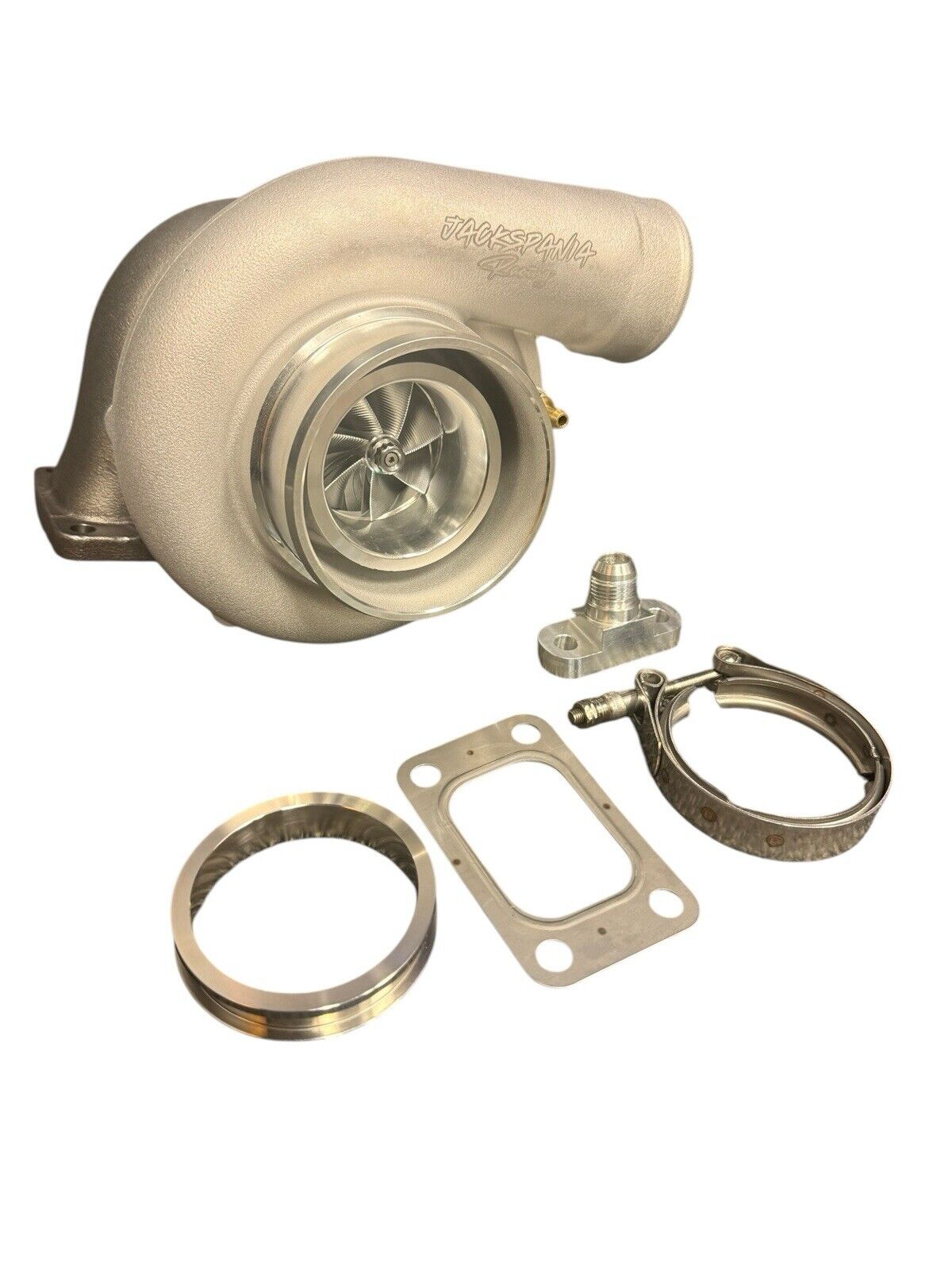 JackSpania Racing Billet Wheel Turbo T3 T4 dual V-band turbine housing for high-performance engines, model 5862, supports up to 600HP.
