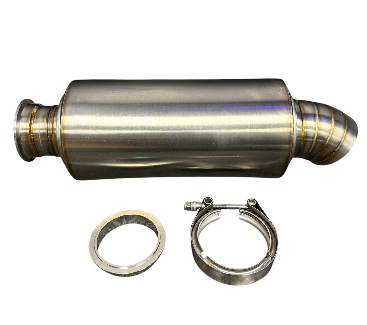 Brushed stainless steel 3-inch V-band clamp inlet turn down pie cut dolphin muffler for exhaust systems by JackSpania Racing.