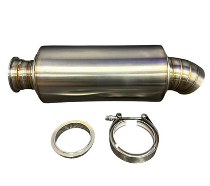 Brushed stainless steel 3-inch V-band clamp inlet turn down pie cut dolphin muffler for exhaust systems by JackSpania Racing.