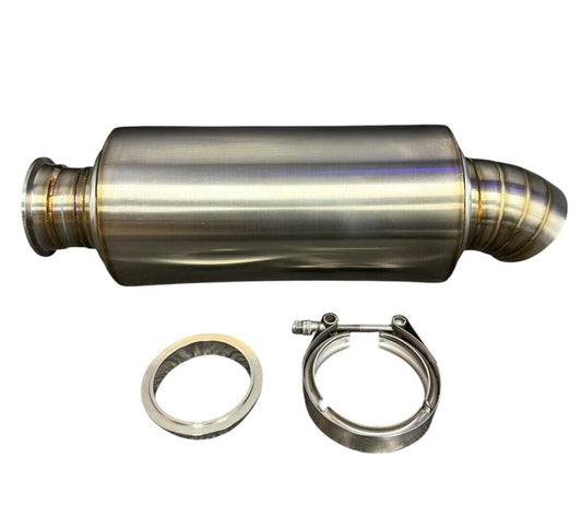 Brushed stainless steel 3-inch V-band clamp inlet turn down pie cut dolphin muffler for exhaust systems by JackSpania Racing.