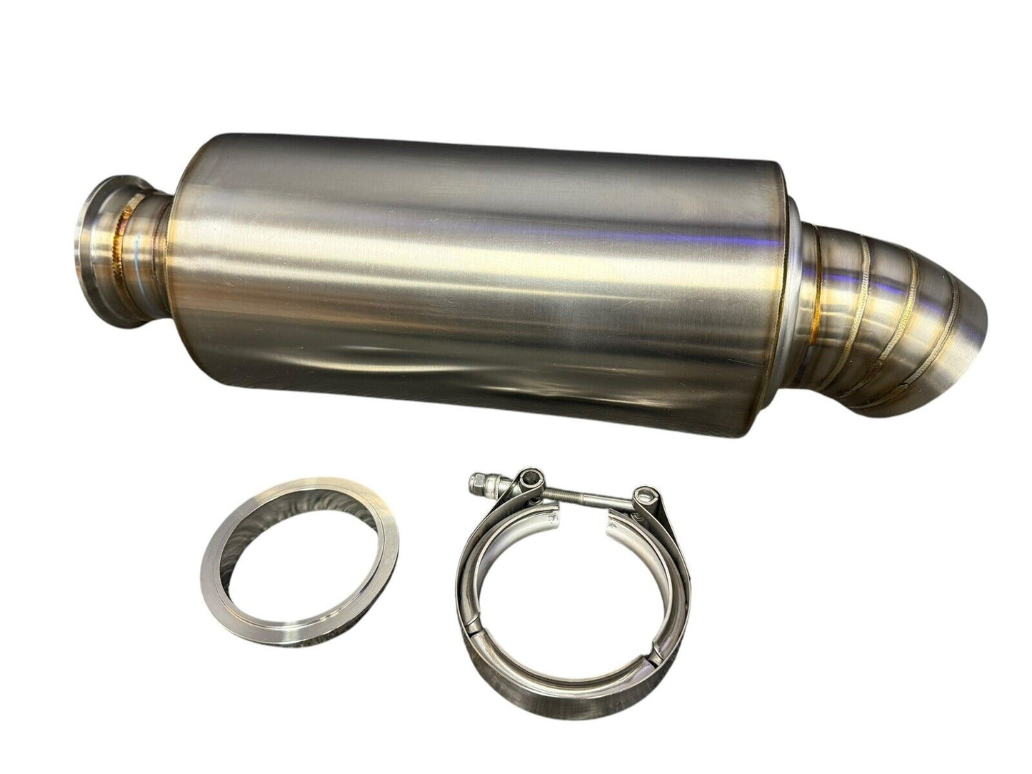 Brushed stainless steel 3-inch V-band clamp inlet turn down pie cut dolphin muffler for exhaust systems by JackSpania Racing.
