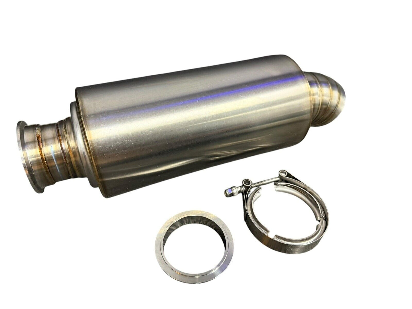 Brushed stainless steel 3-inch V-band clamp inlet turn down pie cut dolphin muffler for exhaust systems by JackSpania Racing