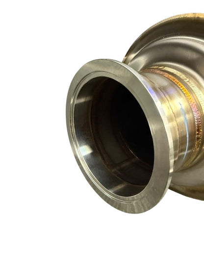 Brushed stainless steel 3-inch V-band clamp inlet turn down pie cut dolphin muffler for exhaust systems by JackSpania Racing.