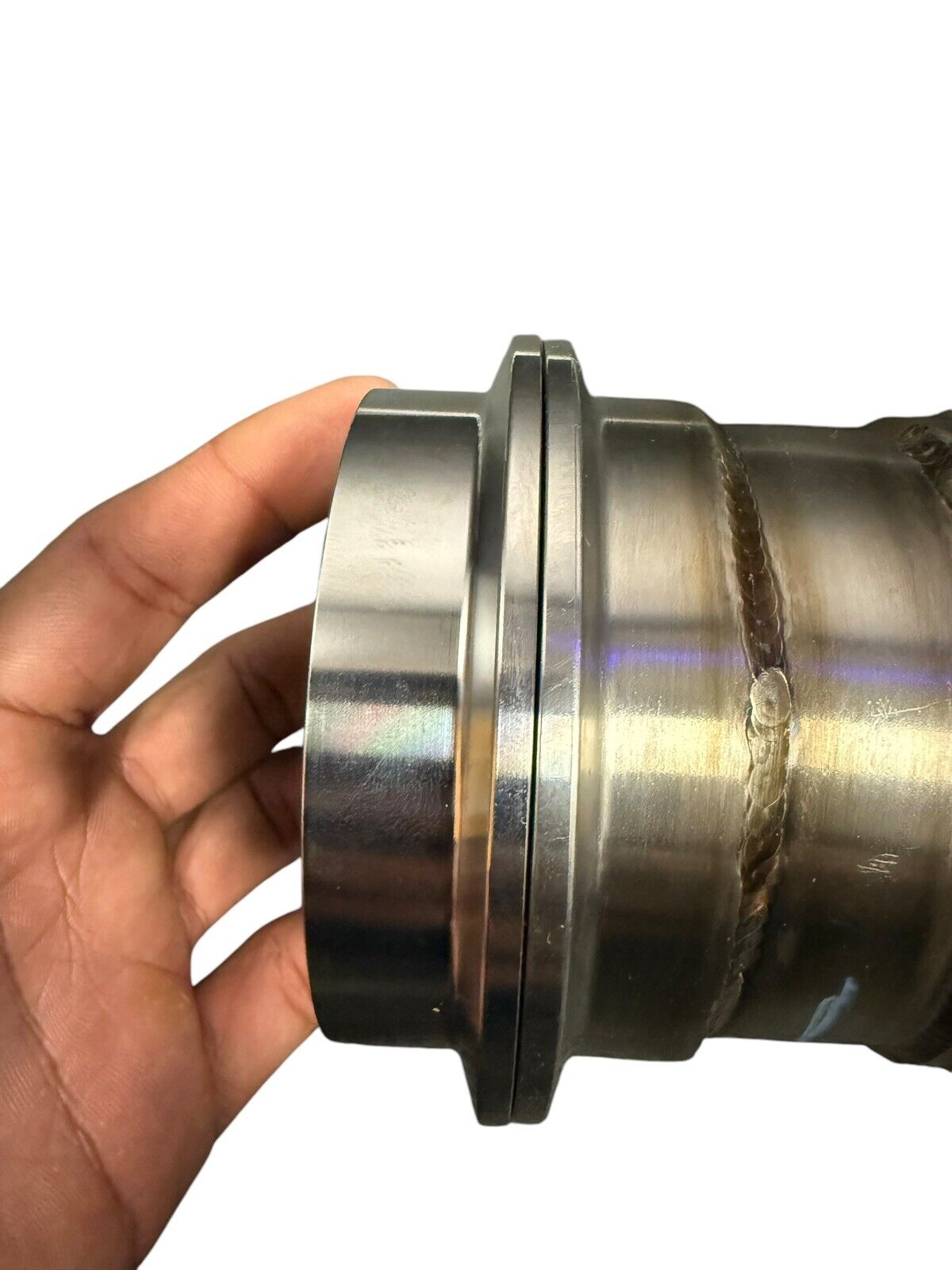 Brushed stainless steel 3-inch V-band clamp inlet turn down pie cut dolphin muffler for exhaust systems by JackSpania Racing.