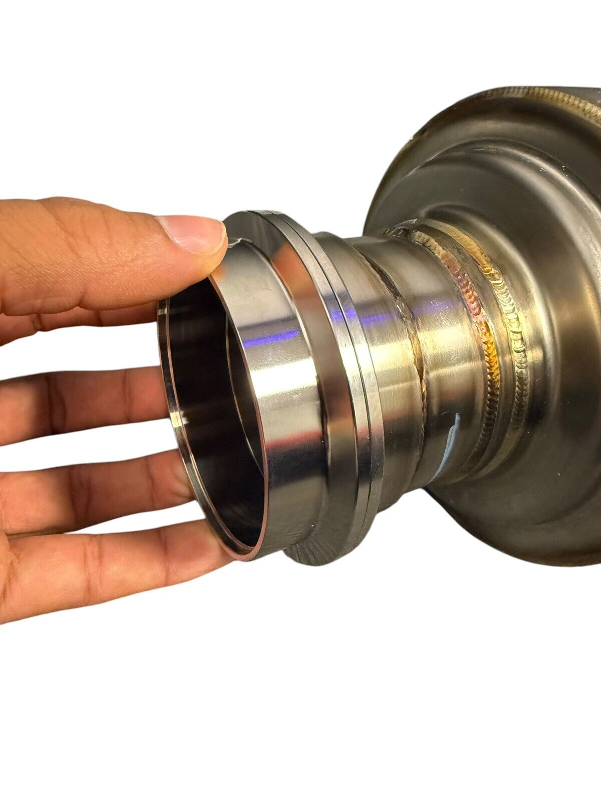 Brushed stainless steel 3-inch V-band clamp inlet turn down pie cut dolphin muffler for exhaust systems by JackSpania Racing.