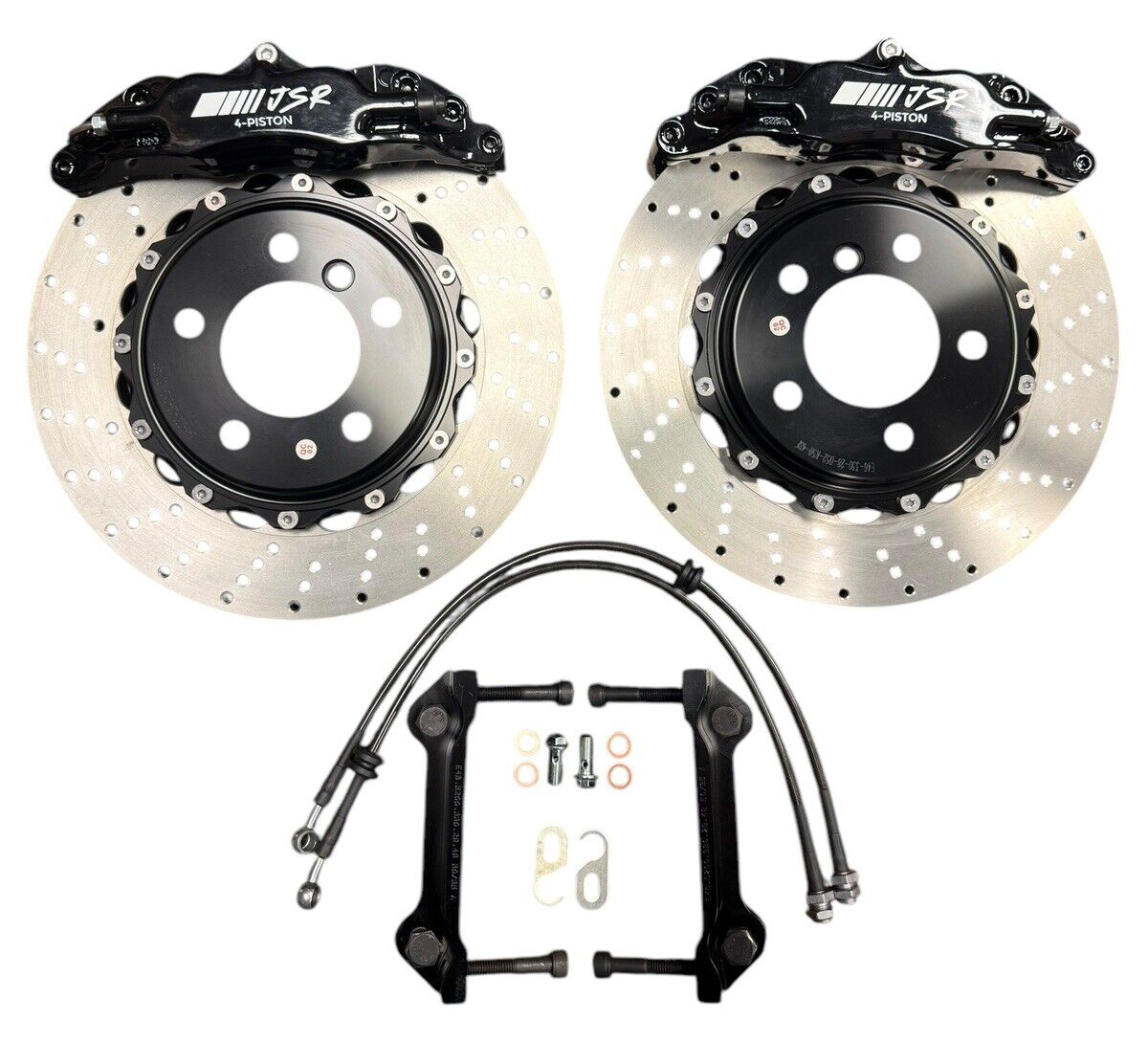 JackSpania Racing big brake kit with 2-piece drilled rotors and 4-piston calipers for BMW E46 2001-2006, interior view.