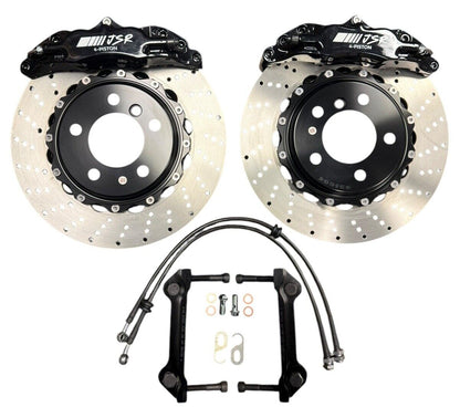 JackSpania Racing big brake kit with 2-piece drilled rotors and 4-piston calipers for BMW E46 2001-2006, interior view.