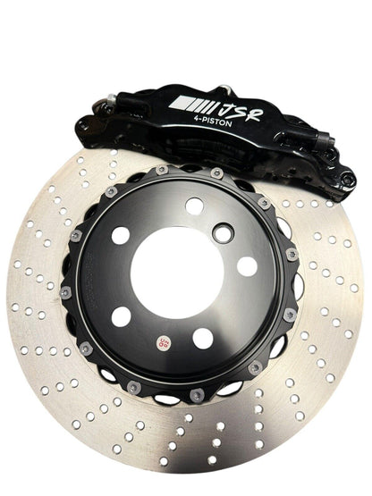 Big brake kit with drilled rotors and 4-piston calipers for BMW E46 2001-2006, by JackSpania Racing, featuring high-performance brake components