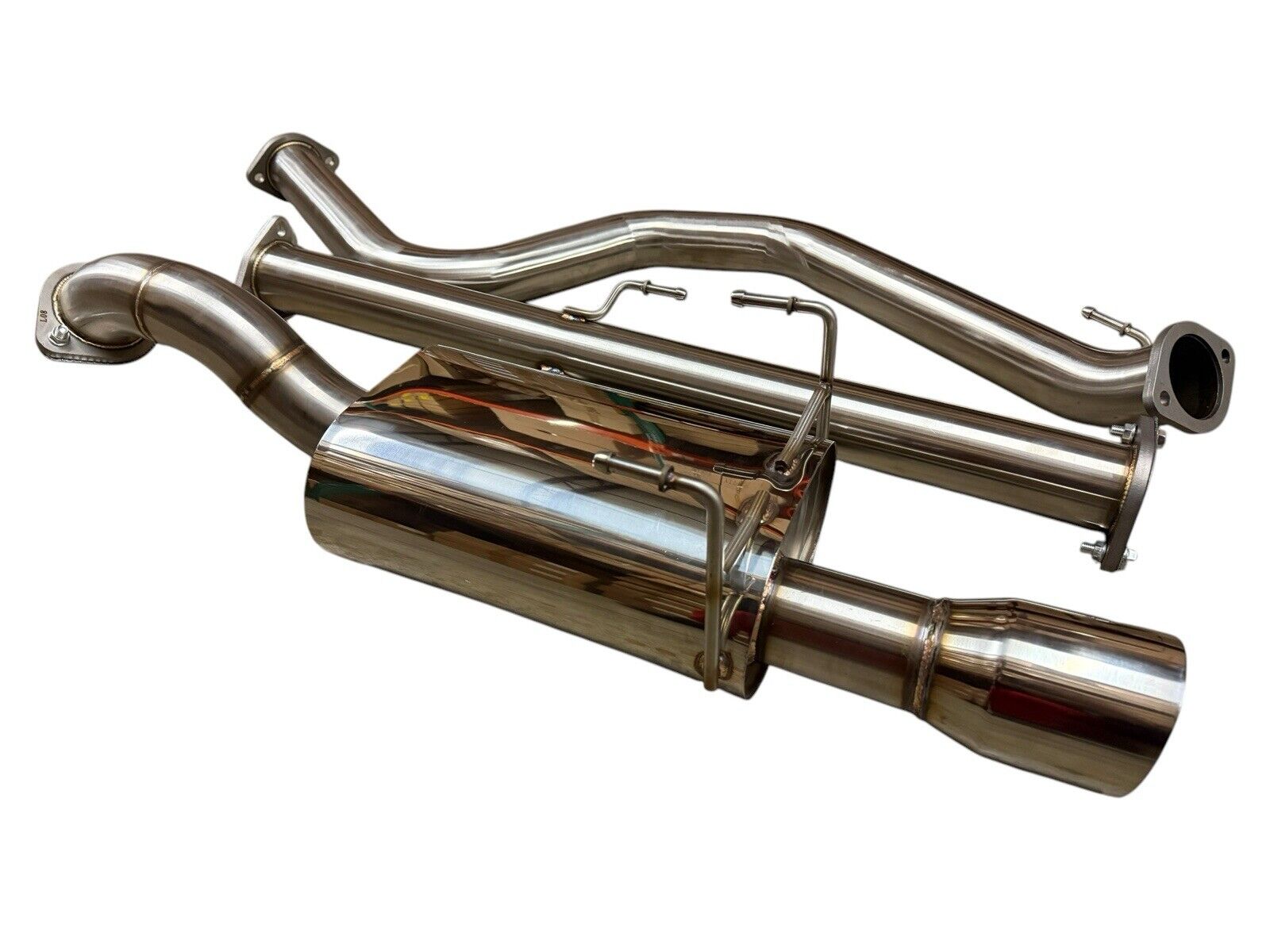 Stainless steel 3-inch catback exhaust muffler for Honda Civic 92-00 2 and 4 door EX by JackSpania Racing, showing the muffler and piping.