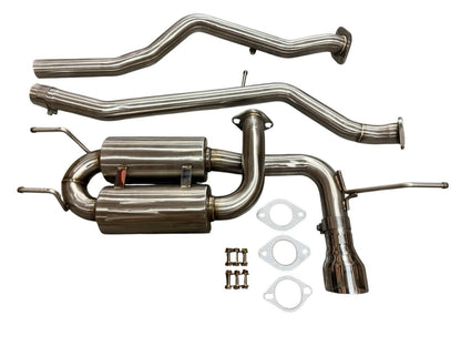 Stainless steel catback exhaust system for Mazda MX-5 Miata 2.0L ND 4th Gen by JackSpania Racing, showcasing the polished pipes.