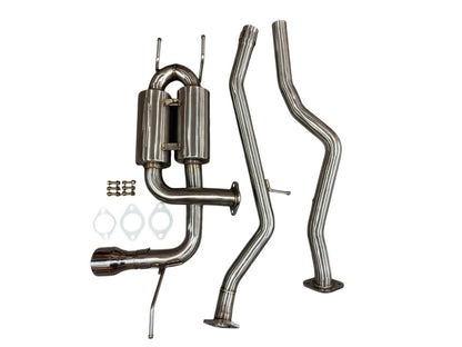 Stainless steel catback exhaust system for Mazda MX-5 Miata ND 2.0L, 2015-2023, by JackSpania Racing, showing the polished exhaust pipes.