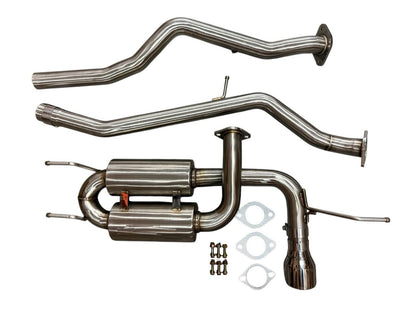 Stainless steel catback exhaust system for Mazda MX-5 Miata ND 2.0L, 2015-2023, by JackSpania Racing, showing exhaust pipes and muffler.