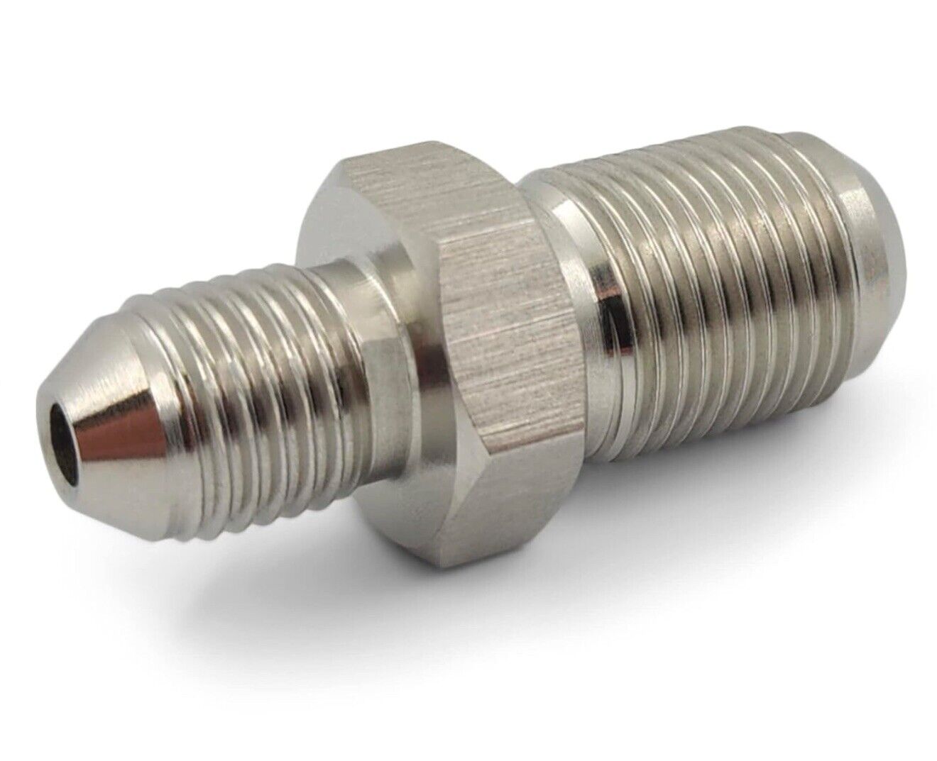 Stainless steel M12x1.0 to 3AN fitting adapter for brake, clutch, fuel, turbo, or oil lines by JackSpania Racing.
