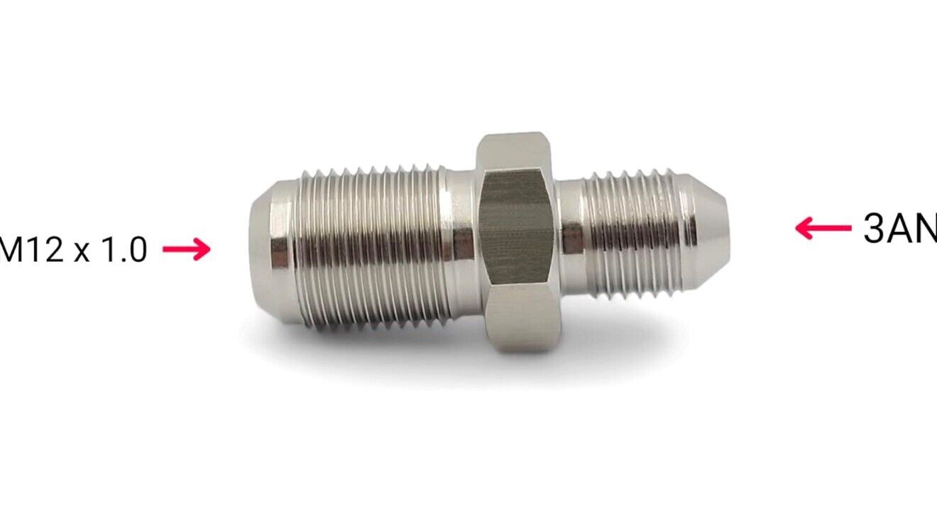 Stainless JackSpania Racing M12x1.0 to 3AN fitting adapter for brake, clutch, fuel, turbo, and oil lines in engine applications