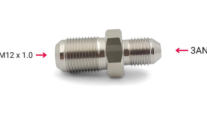 Stainless JackSpania Racing M12x1.0 to 3AN fitting adapter for brake, clutch, fuel, turbo, and oil lines in engine applications