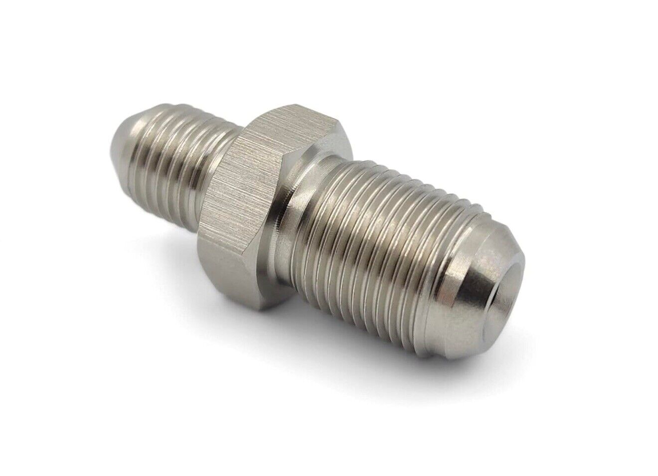 Stainless M12x1.0 to 3AN fitting adapter for brake, clutch, fuel, turbo, and oil lines by JackSpania Racing.