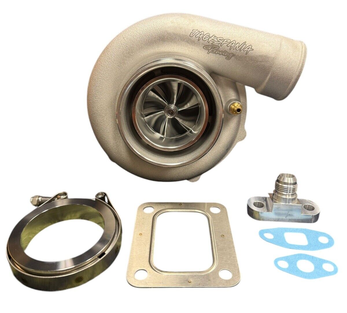 JackSpania Racing 6262 Billet Wheel Turbo with T3 .82 T4 .81 V-band turbine housing for high-performance engine applications.