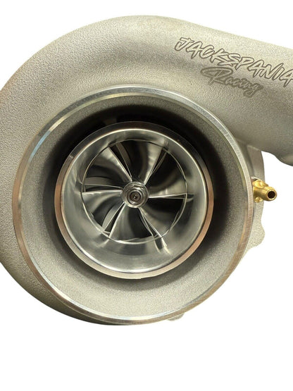 JackSpania Racing billet wheel turbo with T3/T4 .81/.82 dual V-band turbine housing for high-performance engine upgrades.