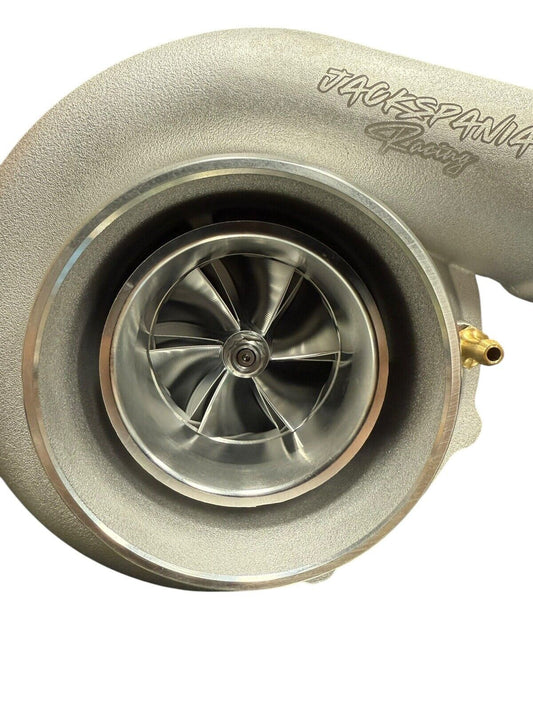 JackSpania Racing billet wheel turbo with T3/T4 .81/.82 dual V-band turbine housing for high-performance engine upgrades.