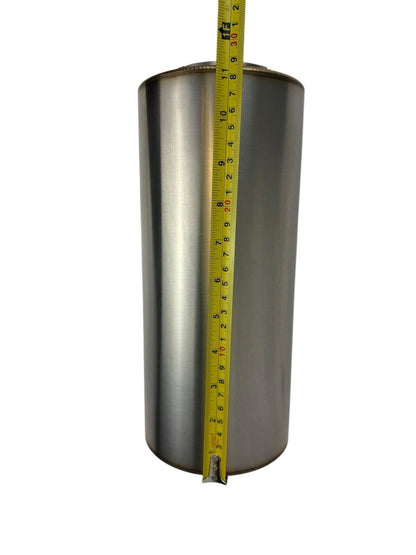 Stainless steel R-Series 12-inch resonator muffler with 3-inch inlet and outlet, designed for universal exhaust systems by JackSpania Racing.