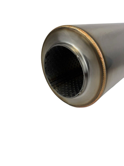 Stainless steel R-Series 12-inch resonator muffler with 3-inch inlet and outlet, designed for universal exhaust systems by JackSpania Racing.