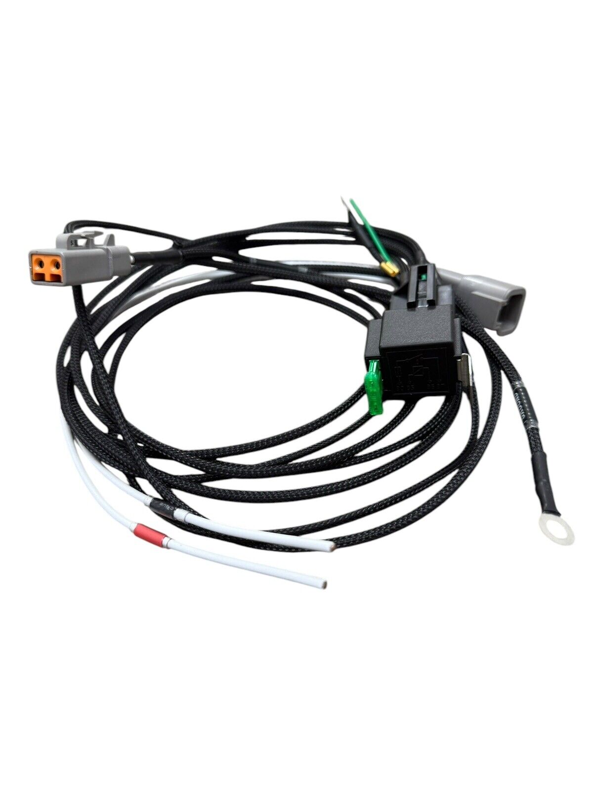 Universal fuel pump relay wiring harness for engine parts by JackSpania Racing, shown with connectors and wiring details.