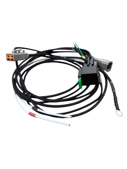Universal fuel pump relay wiring harness for engine parts by JackSpania Racing, shown with connectors and wiring details.